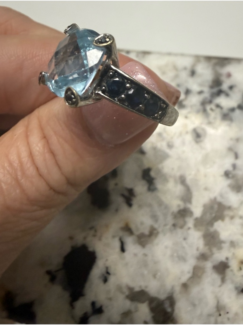 White Gold Cushion-Cut Blue Topaz Gemstone Ring - Women's Jewelry - Picture 3 of 5